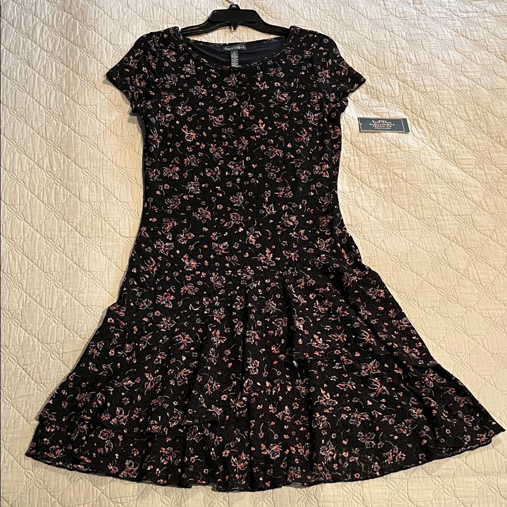NWT, Lauren Ralph Lauren Black Floral Tiered Dress